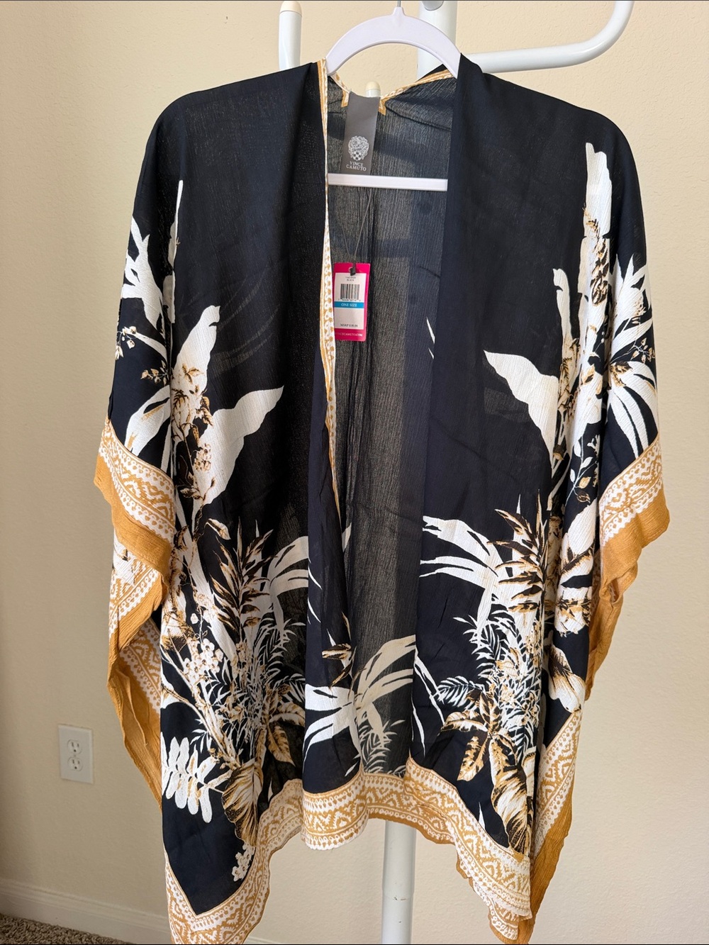 NWT Vince Camuto Black Floral Open Kimono with Mustard Trim